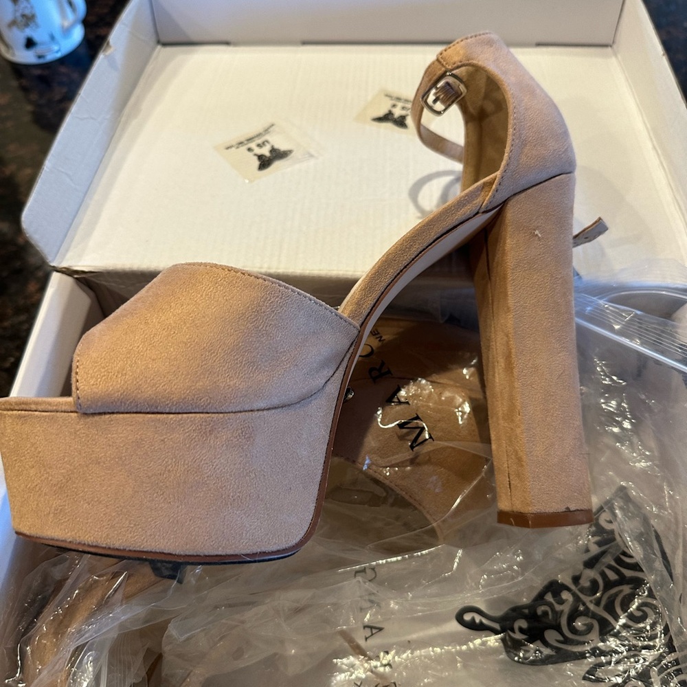Cream Platform High Heeled Sandals with Chunky Block Heel